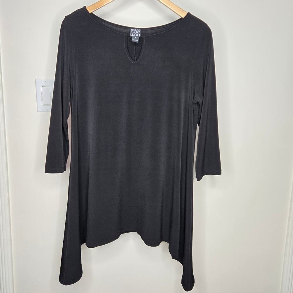CLARA SUN WOO Black Asymmetrical Hem Tunic Top 3/4 Length Sleeves Size S